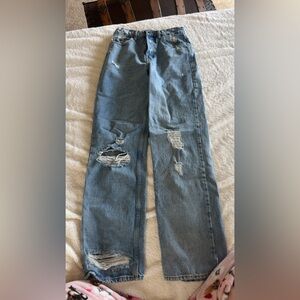 BDG Light Blue Straight Leg Jeans with Distressed Hem